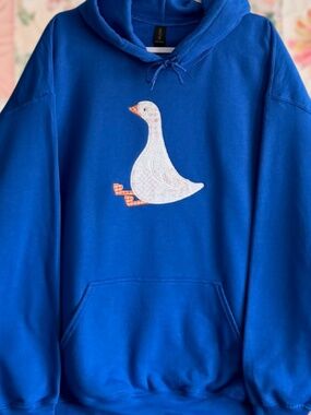 Sitting Duck Patchwork Embroidered Hoodie XL Royal Blue